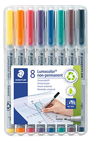 STAEDTLER Folienstift Lumocolor, non-permanent, wasserlöslich, F-Spitze mit Linienbreite ca. 0.6 mm, hohe Qualität, recyceltes Plastik, Set mit 8 Farben in STAEDTLER-Box, 316 WP8, Grau im Sale
